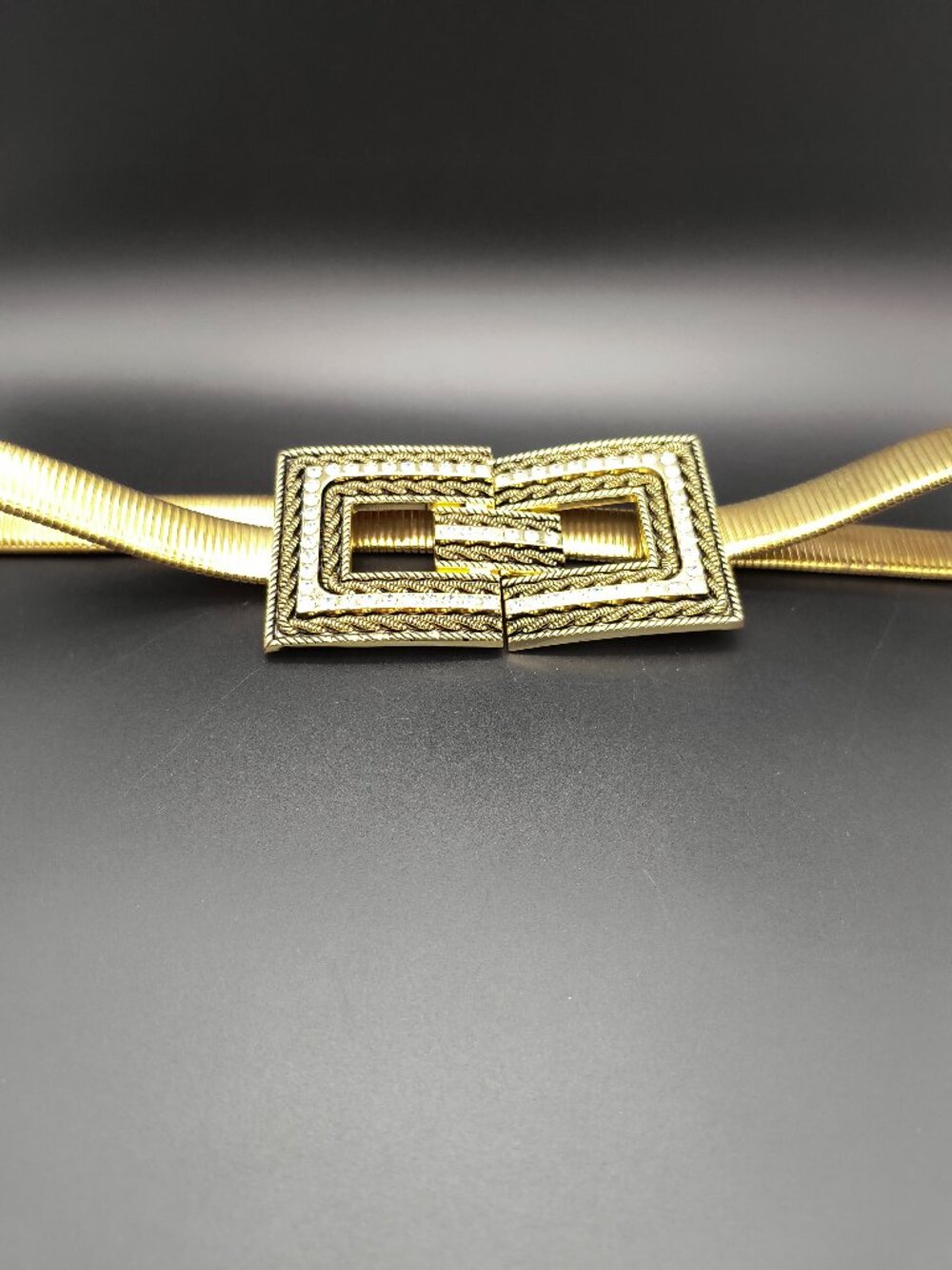Gold Tone Stretch Geometric Rhinestone Buckle Belt